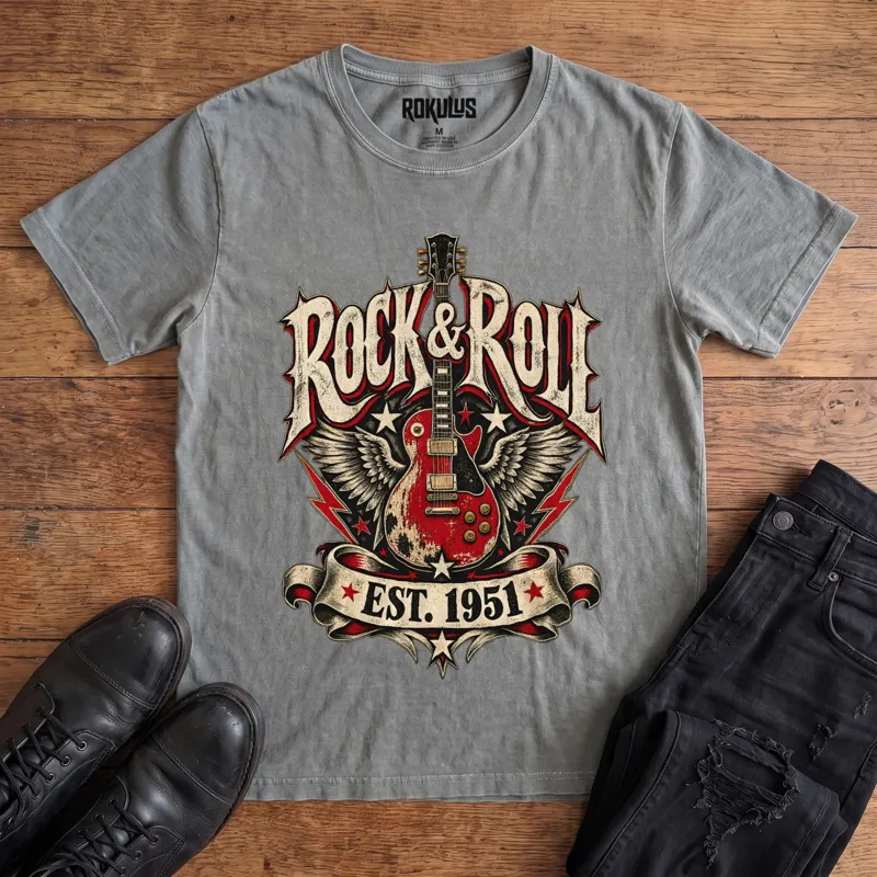 Washed grey Rokulus Rock & Roll Est 1951 vintage graphic tee laid flat on wood with black boots and jeans, front print showing a winged red electric guitar with stars and lightning bolts under ornate “Rock & Roll” lettering and an “Est. 1951” banner