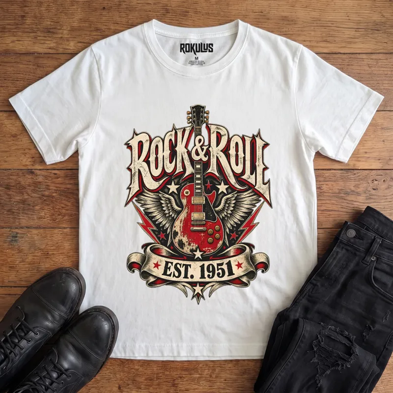 White Rokulus Rock & Roll Est 1951 vintage graphic tee laid flat on wood with black boots and jeans, front print showing a winged red electric guitar with stars and lightning bolts under ornate “Rock & Roll” lettering and an “Est. 1951” banner