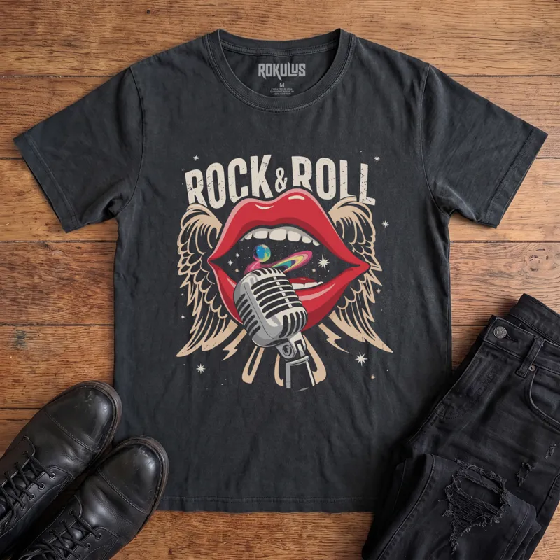 Glam Rock and Roll Lips Vintage Graphic T-Shirt