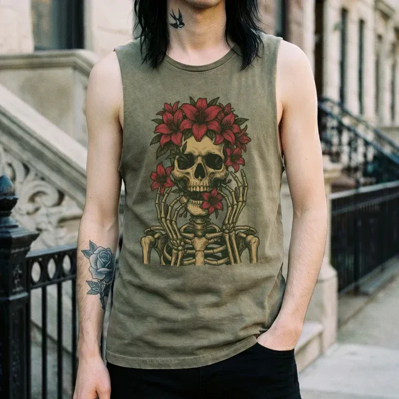 Floral Skull Moss Green Stone Wash Tank Top