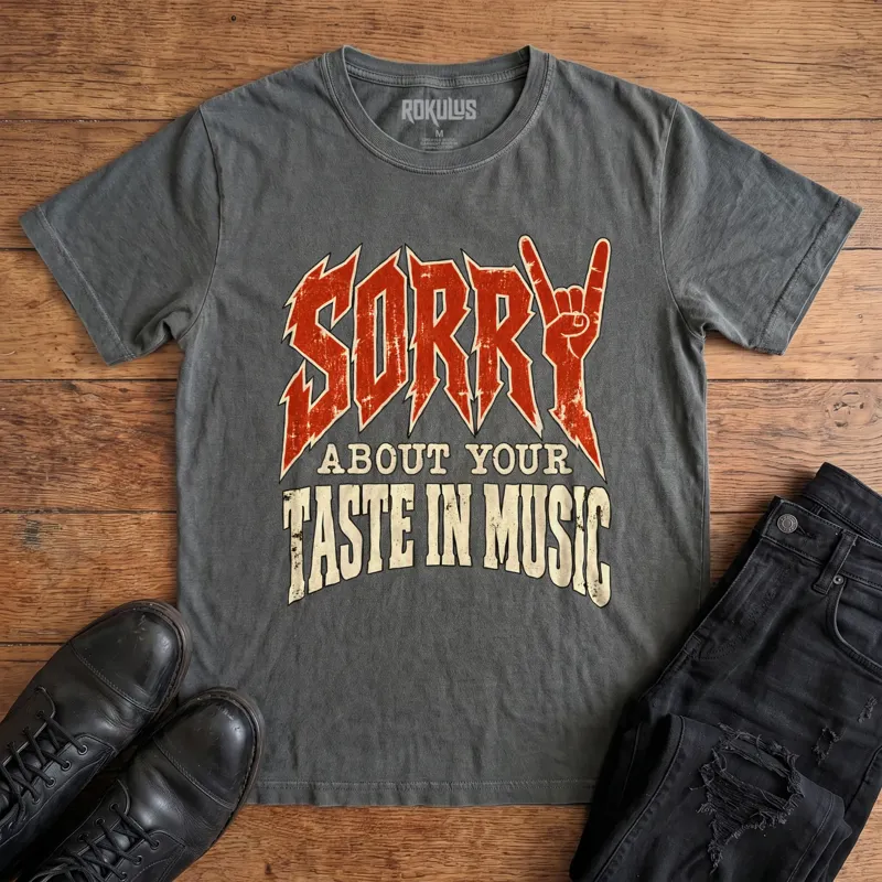 Washed charcoal Rokulus Sorry About Your Taste In Music vintage graphic tee laid flat on wood with black boots and jeans, front print showing “Sorry” in distressed red metal lettering with a rock-horns hand forming the Y above “About Your Taste In Music”