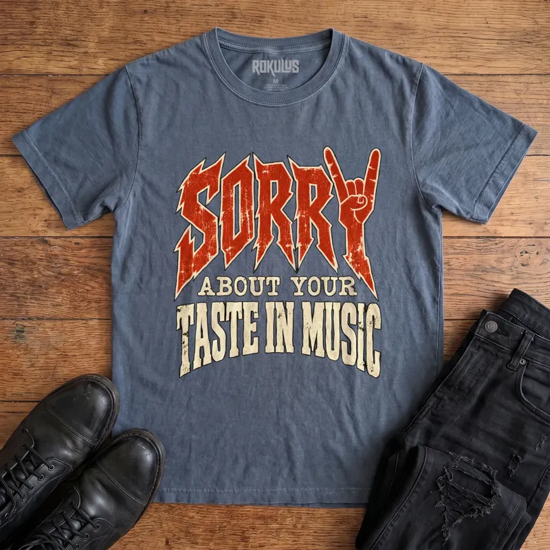 Washed navy Rokulus Sorry About Your Taste In Music vintage graphic tee laid flat on wood with black boots and jeans, front print showing “Sorry” in distressed red metal lettering with a rock-horns hand forming the Y above “About Your Taste In Music”
