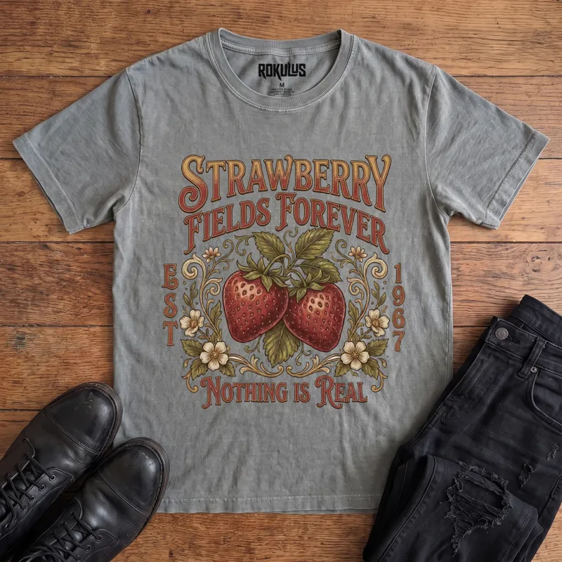 Washed grey Rokulus Strawberry Fields Botanical vintage graphic tee laid flat on wood with black boots and jeans, front print showing two ripe strawberries in Victorian scrollwork and wildflowers with "Strawberry Fields Forever Nothing Is Real" lettering