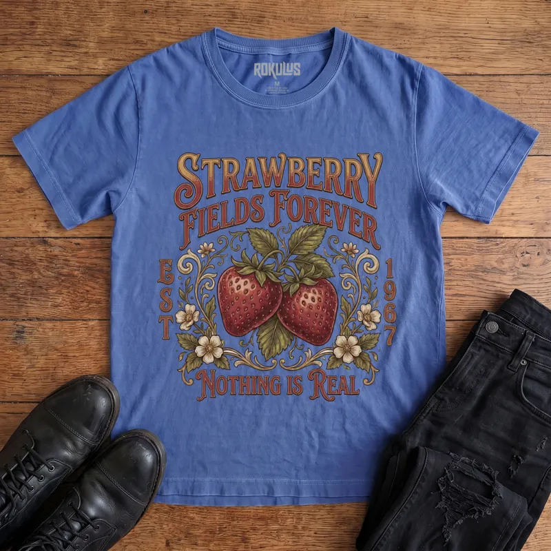 Washed royal blue Rokulus Strawberry Fields Botanical vintage graphic tee laid flat on wood with black boots and jeans, front print showing two ripe strawberries in Victorian scrollwork and wildflowers with "Strawberry Fields Forever Nothing Is Real" lettering