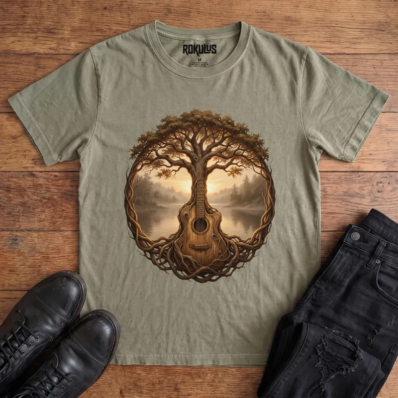 Washed olive Rokulus Guitar Tree Of Life vintage graphic tee laid flat on wood with black boots and jeans, front print showing an acoustic guitar growing as a tree of life with spreading branches and roots framing a misty lake and sunset in warm sepia
