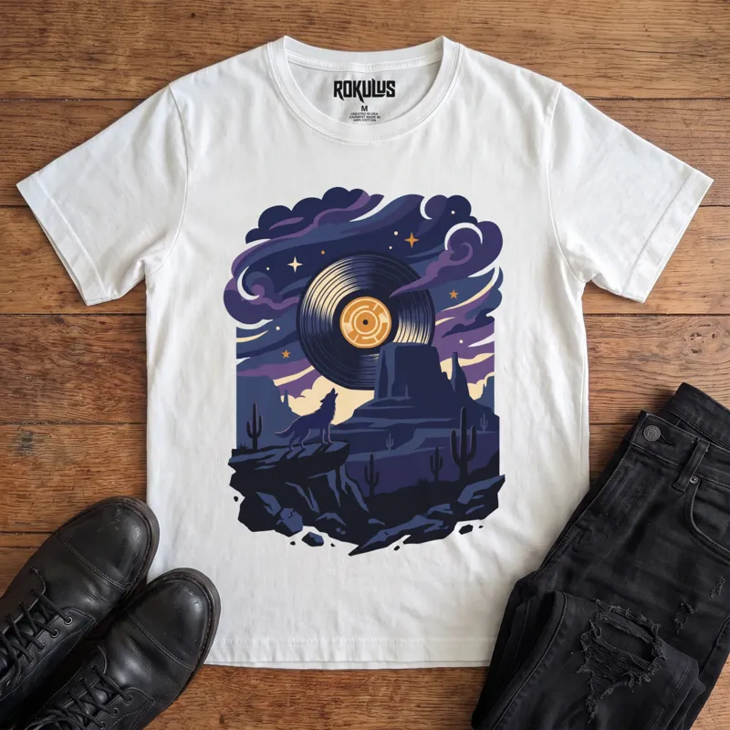 White Rokulus Vinyl Coyote vintage graphic tee laid flat on wood with black boots and jeans, front print showing a coyote howling at a vinyl-record moon over desert mesas and cactus under a starlit purple sky