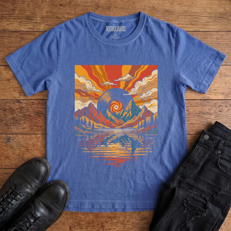 Washed royal blue Rokulus Vinyl Sunset vintage graphic tee laid flat on wood with black boots and jeans, front print showing a retro 70s landscape with a vinyl record sun over mountains, pines, and a reflecting lake in warm sunset tones