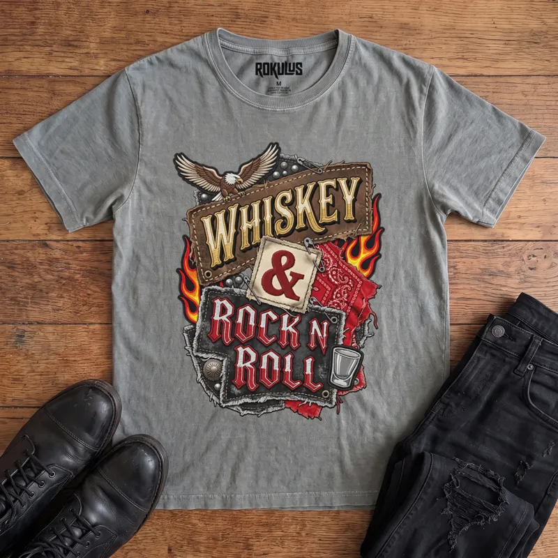 Washed grey Rokulus Whiskey & Rock N Roll vintage graphic tee laid flat on wood with black boots and jeans, front print showing an embroidered biker-patch collage with a bald eagle, flames, red bandana, studs, and a shot glass around stitched “Whiskey & Rock N Roll” lettering